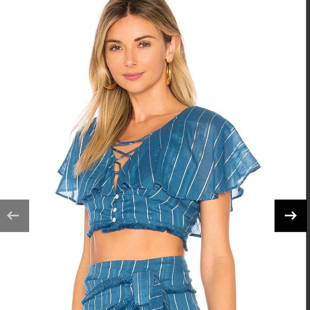 Revolve Tularosa Zoey top In Indigo crop top metallic silver striped tied boho L - Picture 3 of 9